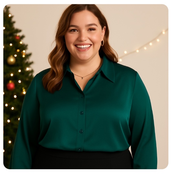 HEATHERLY Green Satin-Like Long Sleeve Button Down Shirt Size Large - Picture 1 of 14